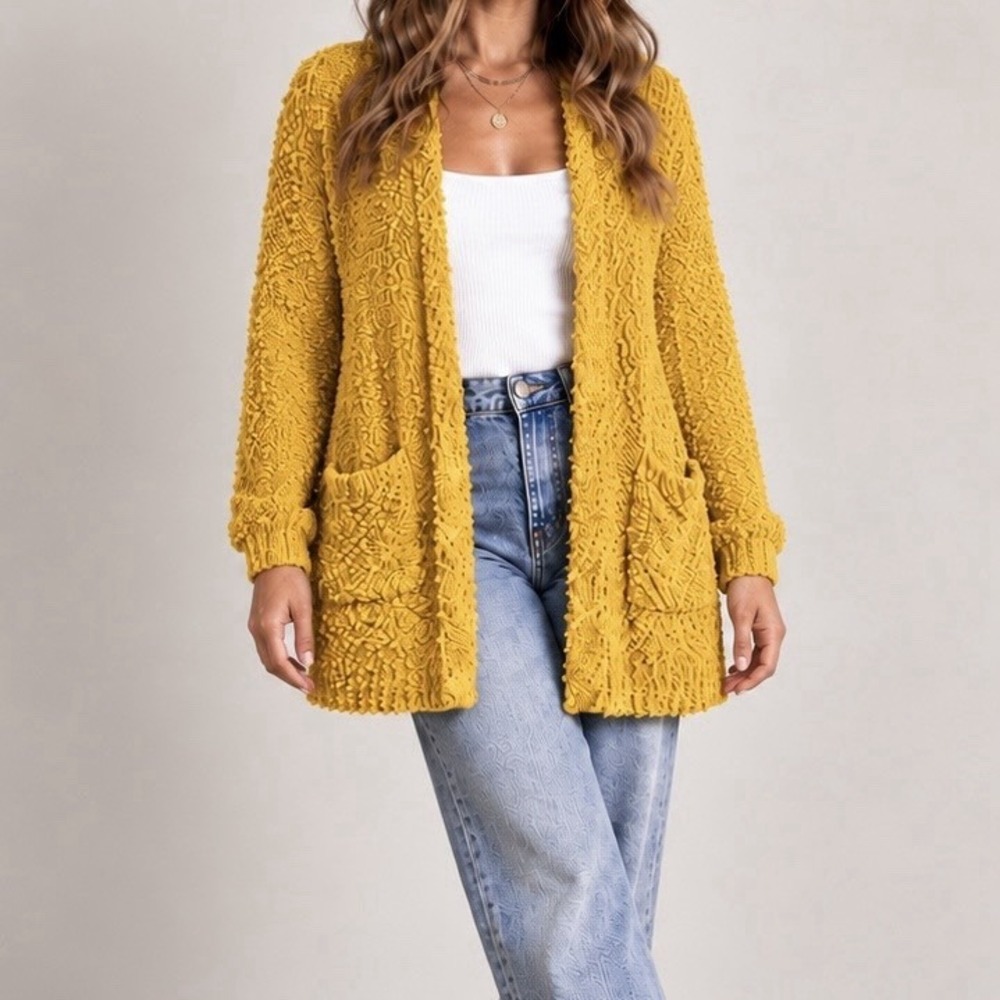 Zenana Cardigan L Mustard Popcorn Knit Chunky Cottagecore Granola Girl Boho Fall